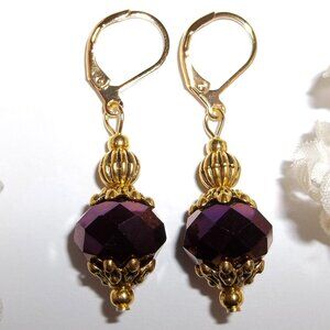 Dark Purple Earrings Gold Beaded Dangle Drop Fashion Accessory Jewelry Gift D403